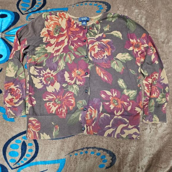 Chaps women's brown flower cotton cardigan medium - Picture 1 of 3